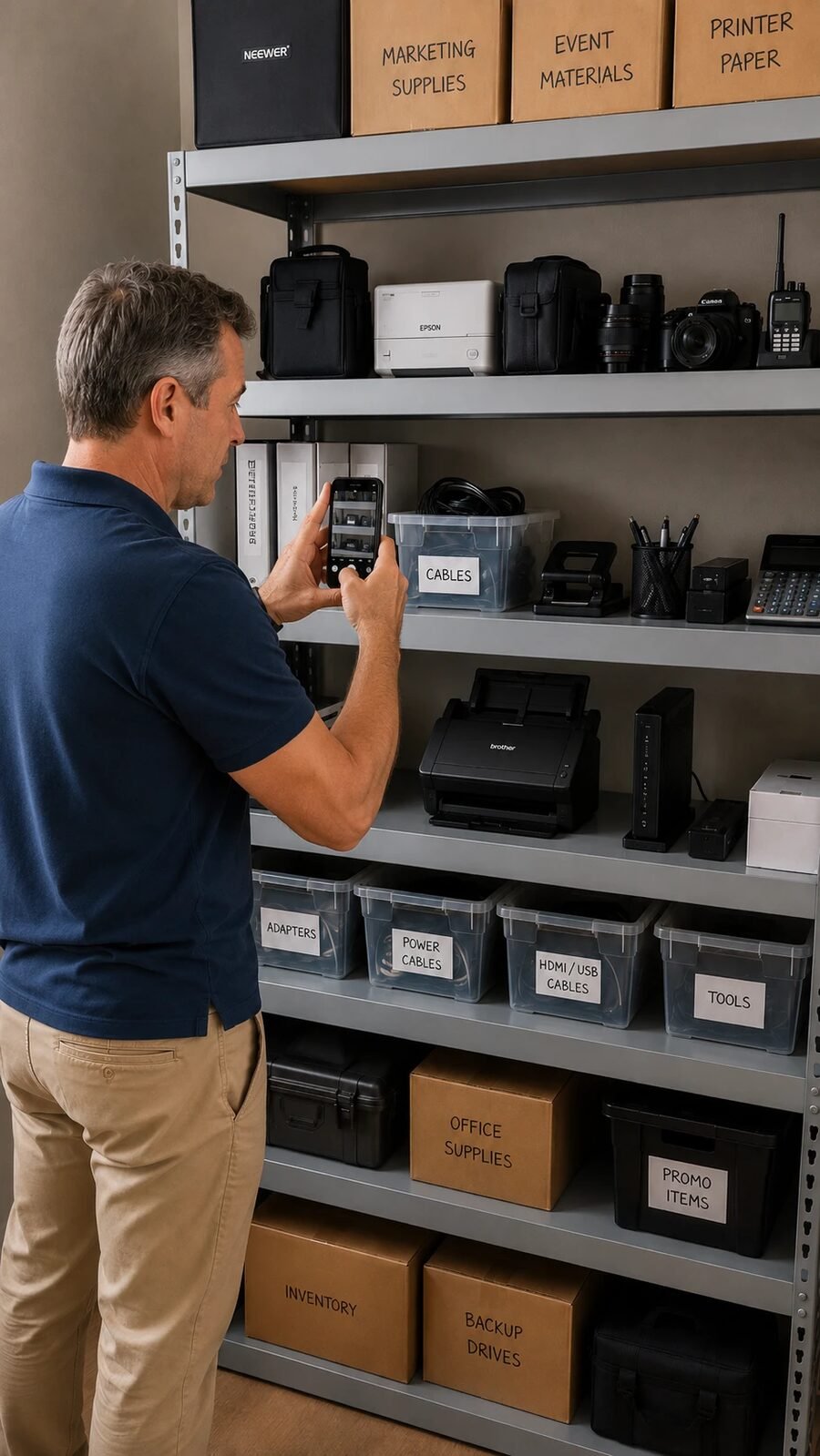 Team member photographing a storage shelf of labeled bins, cases, and equipment with a phone