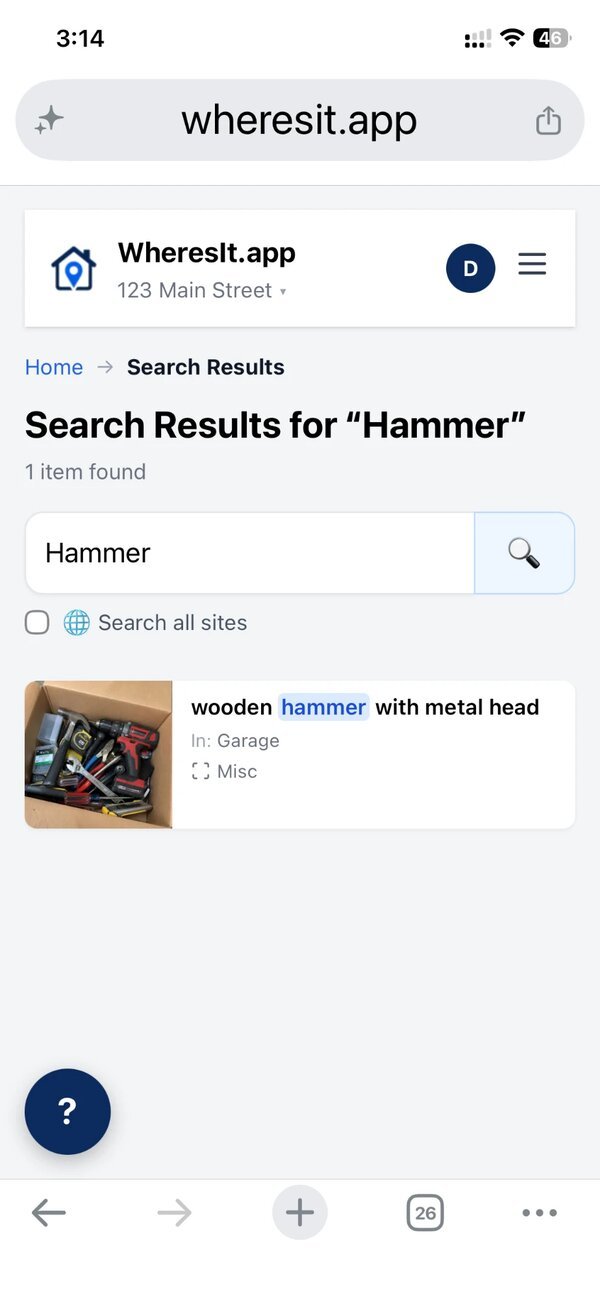 WheresIt mobile search results for "Hammer" showing one item found in the garage with its photo